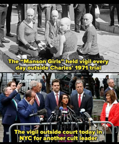 TOP: The “Manson Girls” held vigil every day outside Charles Manson’s 1971 Trial. 
BOTTOM: The GOP vigil outside Trump’s NYC trial. 