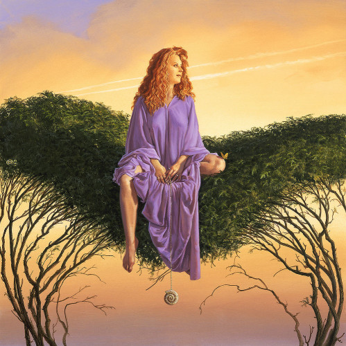 Thin bare branches arch upward to support a perch of leaves sinking in the middle to give it an impression of a wide, flat heart shape. A redheaded woman in lavender robes sits with one leg folded beneath her and the other dangling. A butterfly perches on her knee. Hands rest in her lap. Between her fingers hangs a delicate chain weighed down by a small ammonite fossil. The pastel sky behind her is a gradient of yellow and peach clouds broken by a twin contrail that follows her gaze off panel to the right.

