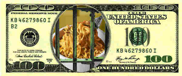 A US $100 bill. The oval containing Benjamin Franklin has been replaced with an image of scabrous prison bars with a cup of instant ramen behind them.