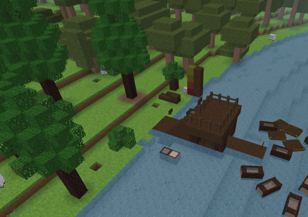 Repixture screenshot showing a beach with fir trees, fir wood, fir boats and other things made out of fir wood.