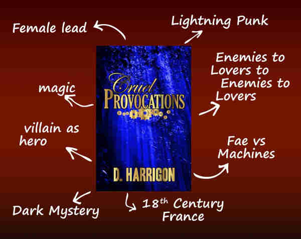 The cover of Cruel Provocations shows gold lettering on the background of a rich blue of light filtering through trees. Surrounding this are callouts informing you of the book's contents: Female lead, Lightning Punk, Enemies to lovers to enemies to lovers, Fae vs Machines, 18th Century France, Dark Mystery, villain as hero, magic.

The city came to claim Therasia's lands. Can this one, half-fae hunter resist them? Only if she uncovers the truth about her own nature and powers. Will her growing feelings for one of the soldiers prove to be her salvation, or with lust and betrayal prove her downfall?

There are faeries, blood, romance, creeping horrors and angry soldiers.
Therasia shows herself to be a violent half-fae with few scruples. We learn she is fighting tooth and claw not only to preserve her way of life, but to prevent a war that would slaughter thousands, and halt a mighty power struggle brewing among the fae.