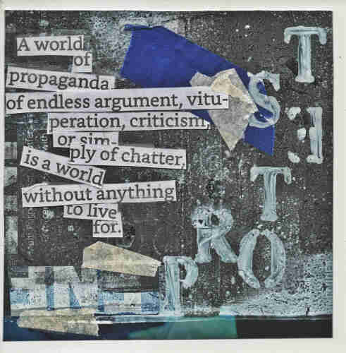 Distressed paper with a quote cut out on it and typography that says "protest"