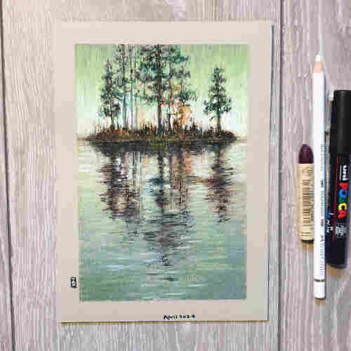 Original oil pastel painting - Island on a Lake
An oil pastel painting of a small island on a lake. The palette for this painting is mostly green and white.
Materials: oil pastel, mixed media, acid free beige pastel paper
Width: 14.5 centimetres
Height: 21 centimetres