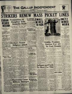 Front Page from the Gallup Independent, from 1934, with articles about the strike.