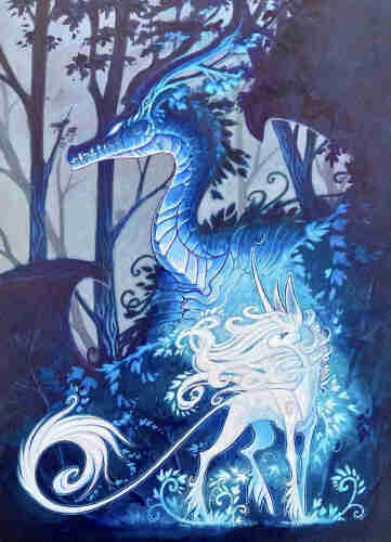 a dragon and a glowing unicorn standing in a dead looking forest
