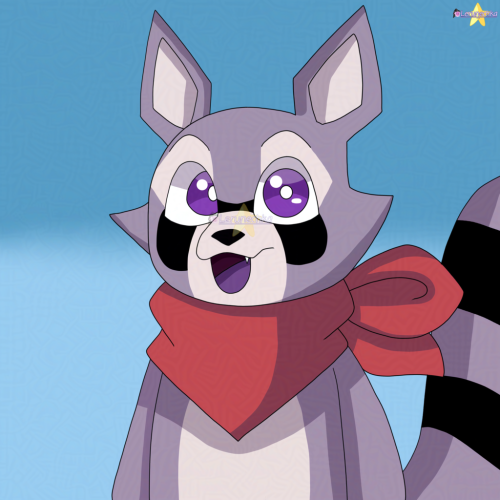 A drawing of a purple raccoon, wearing a red scarf.

Blue background.