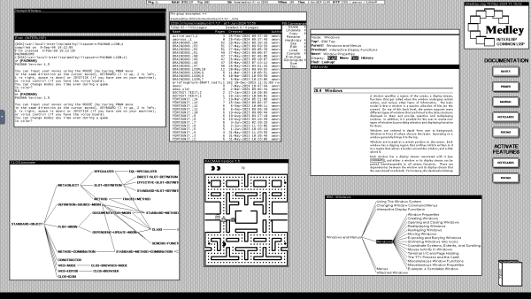 Screenshot of the black and white desktop of a 1980s graphical workstation environment. The desktop has a gray background pattern and some windows with a white background and a title bar with white text on a black background. On the desktop are the windows of a Lisp interpreter, a file browser, a documentation browser with a table of contents tree, a Pacman game, and the class browser of an object-oriented system.
