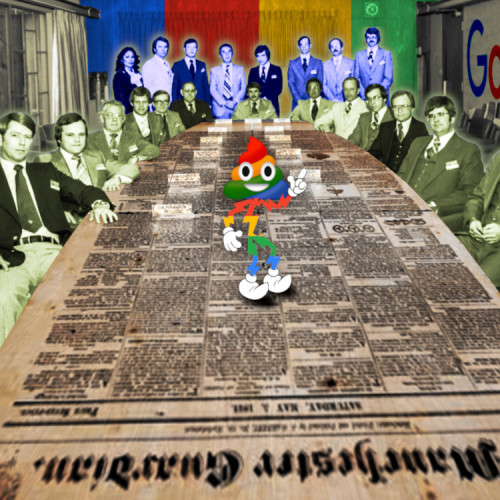 A boardroom with a long table; executives are clustered around it in 1960s garb. The table's surface has been replaced with a 19th century edition of the Manchester Guardian. The back wall of the room has been redone in Google logo color stripes. One wall features a Google logo. In the middle of the table stands a cartoon mascot with white gloves and booties and the head of a grinning poop emoji. He is striped with the four colors of the Google logo.