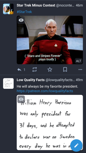Screenshot of a mobile mastodon app showing the toot above, followed in time directly by a toot from  the "Star Trek minus context" account in which captain Picard sits on the captain's chair, with the caption "Stars and stripes playing loudly" 