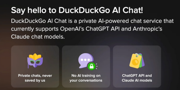 DuckDuckGo announcing their "AI chat".

Text:

Say ehllow to DuckuckGo AI Chat
DuckDuckGo AI Chat is a private AI-powered chat service that currently supports OpenAI's ChatGPT API and Anthropic's Claude chat models.