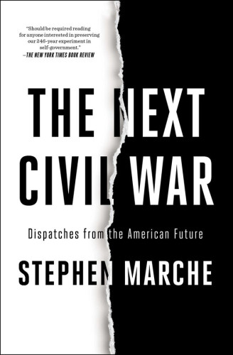 Book cover in black and white, devided by a vertical rupture in the middle, the left being black on white, the right being white on black.

Caption:
"The Next Civil War

Dispatches from the American Future

By Stephen Marche

About The Book

“Should be required reading for anyone interested in preserving our 246-year experiment in self-government.” —The New York Times Book Review * “Well researched and eloquently presented.” —The Atlantic * “Delivers Cormac McCarthy-worthy drama; while the nonfictional asides imbue that drama with the authority of documentary.” —The New York Times Book Review

A celebrated journalist takes a fiercely divided America and imagines five chilling scenarios that lead to its collapse, based on in-depth interviews with experts of all kinds.

The United States is coming to an end. The only question is how."

Source:

https://www.simonandschuster.com/books/The-Next-Civil-War/Stephen-Marche/9781982123222

