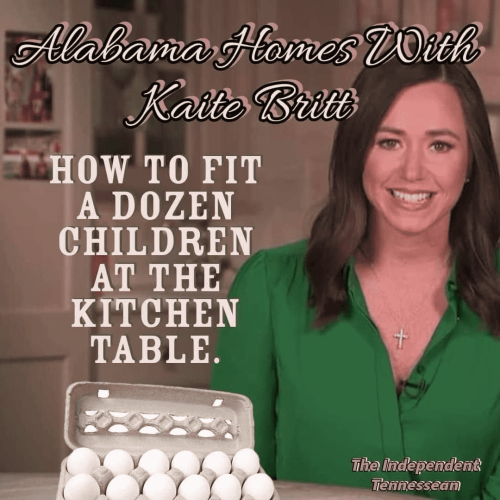 (Katie Britt with a box of a dozen eggs)  Alabama Homes Voice Kaitie Britt HOW TO FIT A DOZEN CHILDREN AT THE KITCHEN TABLE.