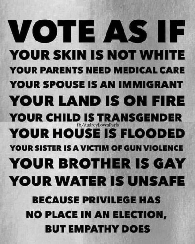 text, all caps:

VOTE AS IF

YOUR SKIN IS NOT WHITE YOUR PARENTS NEED MEDICAL CARE YOUR SPOUSE IS AN IMMIGRANT

YOUR LAND IS ON FIRE

YOUR CHILD IS TRANSGENDER  Paris YOUR SISTER IS A VICTIM OF GUN VIOLENCE

YOUR HOUSE IS FLOODED

YOUR BROTHER IS GAY YOUR WATER IS UNSAFE

BECAUSE PRIVILEGE HAS NO PLACE IN AN ELECTION, BUT EMPATHY DOES


(fb/AudreyLoves)