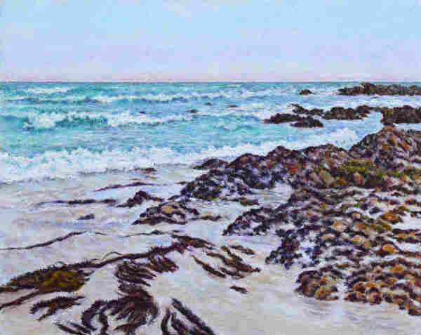 Ocean waves and shoreline with rocks and seaweed. This is Asilomar Beach painted in oil pastel.
