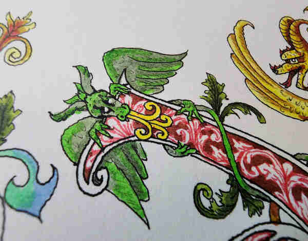 Part of a red ornate letter. There's a little green dragon clinging to the stem, his little dragon pawbs wrapped around it, and his jaw clamped over the top