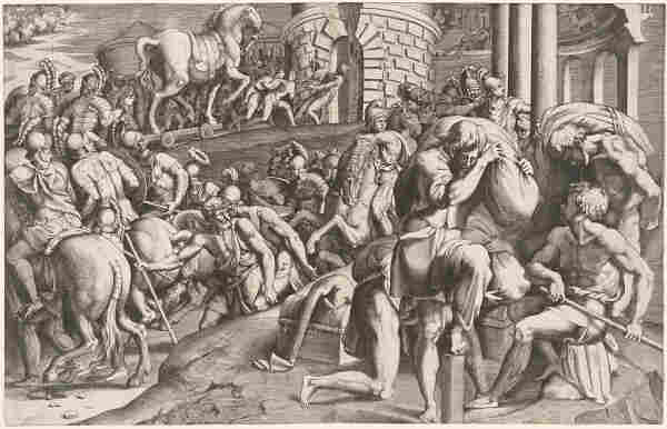 Artist: Giulio Bonasone, after Francesco Primaticcio. 

Title: The Trojans Hauling the Wooden Horse into Troy. 

Date: 1545