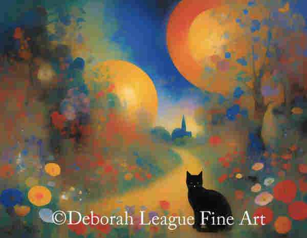 Black cat from a parallel world, digital art. Familiar, but not the same. An otherworldly planet that resembles earth in many ways. Does the cat watch, or is it beckoning us forward down the path? What discoveries and enlightenment await around the bend?

A black cat sits at the forefront of a vibrant and colorful landscape, accentuated by two large, glowing orbs reminiscent of moons or suns in the background. A path winds through a garden of flowers, leading to a distant church spire under a dreamlike sky that transitions from shades of blue to orange and yellow.