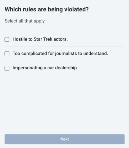 mastodon reporting dialog with options 'Hostile to Star Trek actors.', 'Too complicated for journalists to understand.', and 'Impersonating a car dealership.'