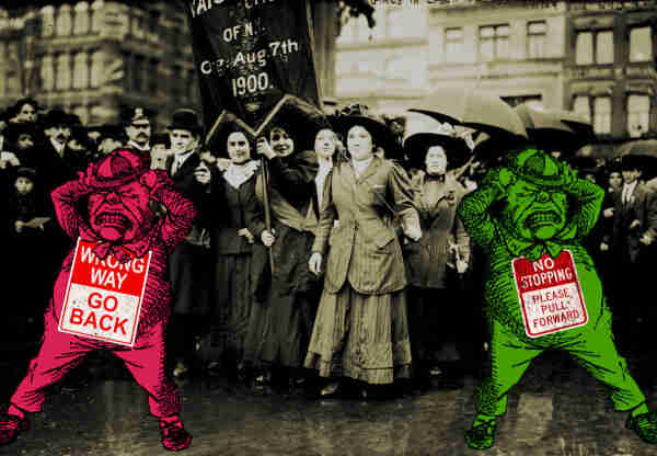 A group of women's May Day marchers from the 1900 May Day labor march, dressed in period costume. In the foreground are two horizontally flipped images of a furious, hair-pulling Tweedledum as depicted by Tenniel. The left one is colored red and wears a sign that reads WRONG WAY GO BACK. The right one is colored green and wears a sign that reads NO STOPPING PLEASE PULL FORWARD.