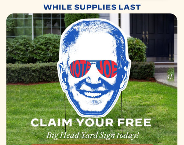 Big head “vote Joe” yard sign