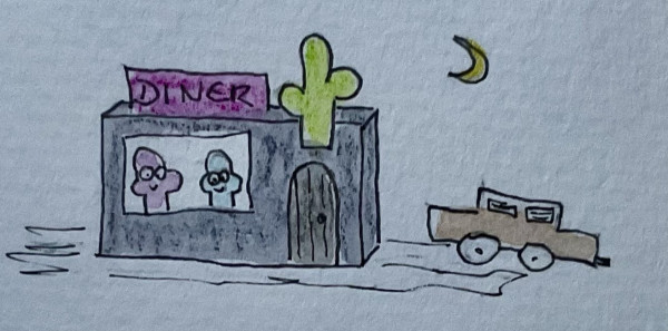 A hand-drawn sketch of a diner building with two cartoon characters inside, a cactus on the roof, a parked car on the right, and a crescent moon in the sky. The sign on the roof says „Diner“.