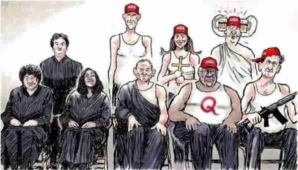 CREDIT: JD Crowe 
Cartoon depicting the nine US Supreme Court justices. Three are in traditional black robes. The remains six are wearing red Maga hats and sporting various symbols of their bias.  Guns, crosses, beer etc