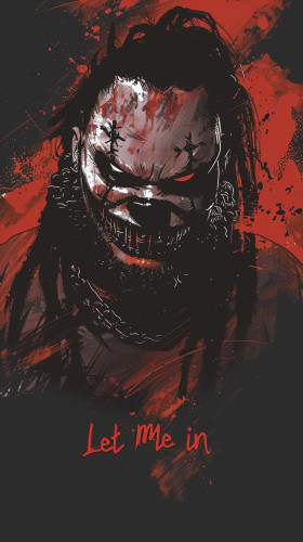 A dark, intimidating figure with a monstrous mask covering its face, displaying sharp teeth and glowing red eyes. The character has long hair and wears a heavy chain around their neck. The background is a chaotic blend of red and black splashes, adding to the menacing atmosphere. At the bottom of the image, the words “Let Me in” are written in red, emphasizing the eerie and aggressive tone.