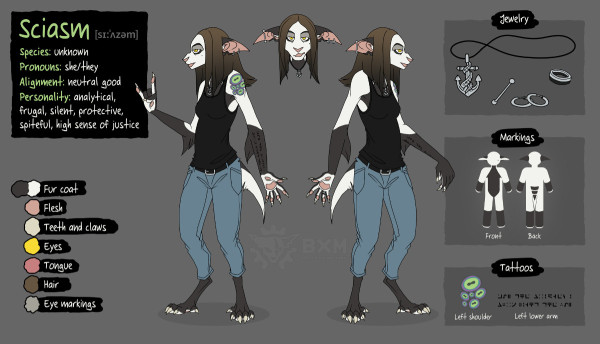 Reference sheet of Sciasm, an anthropomorphic character of unknown species, but with feline features. She has black and white fur, long brown hair with faded-out black dye and wears a black tank top and blue jeans. There's a green and purple eyeball tatoo on her shoulder.