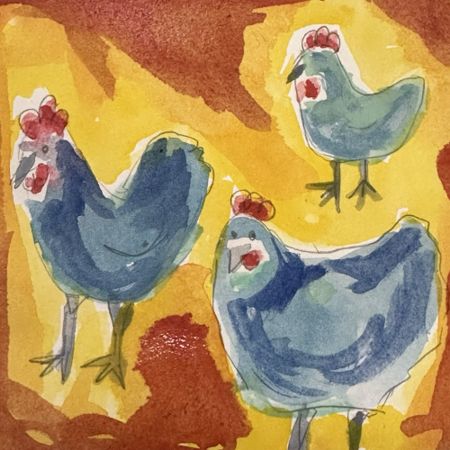 Three blue hens against a swirling yellow, orange and red background 