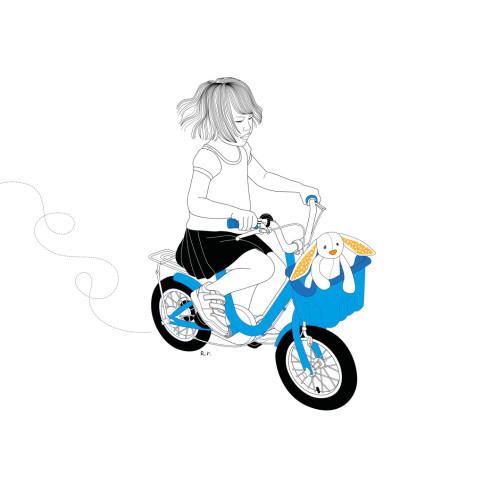 Illustration d'une petite fille en train de se balader sur son petit vélo bleu. Sur le panier à l'avant elle a sa peluche lapin.