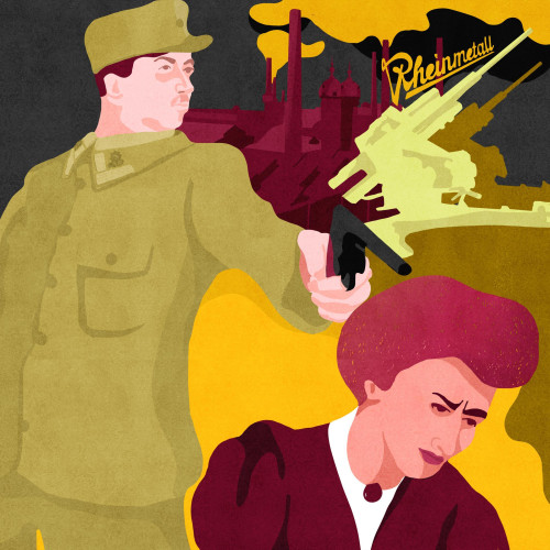 Eine Illustration, die Waldemar Pabst dabei zeigt, wie er Rosa Luxemburg erschießt. Im Hintergrund eine Fabrik Rheinmetall.