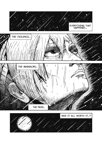 A man, Rid, main character of this manga looks at the rainy night sky. There are 4 panels. First panels shows the rainy night sky with stars and reads "everything that happened...", the next two panels cut the man's face in half at the height of the nose. Top reads "The violence...", bottom reads up "The massacre..." and lower "The pain...". Fourth and final panel shows the moon on the night sky, and reads "Was it all worth it...?"