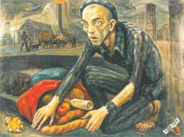 A painting showing a man in a striped camp uniform. A number can be seen tattooed on his exposed arm: 106144. The man is kneeling and collecting food into a bag. Next to him lies a doll. In the corner you can see a red triangle with the letter F and the number 106144. In the background you can see a building with a chimney from which fire and smoke are coming out. You can also see a cart with corpses being pulled by prisoners and also the fence of the concentration camp.