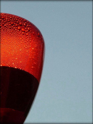 The edge of a red hummingbird feeder hanging outside against a pale blue sky. Bubbles can be seen inside the feeder at the top and the dark shadow of the nectar on the bottom.