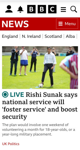 Front page of BBC News website: LIVE Rishi Sunak says national service will 'foster service' and boost security