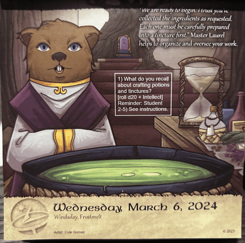 Anthropomorphic otter in front of a cauldron 