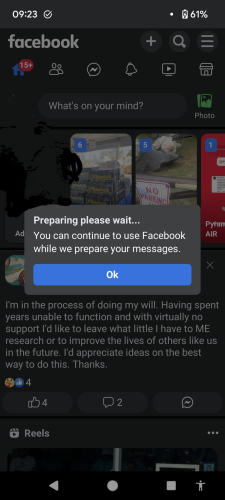 A screenshot of the homepage of Facebook Lite, with a pop-up message saying "preparing, please wait. You can continue to use Facebook while we prepare your messages" The thing is, they're obviously lying. They have no intention of letting me see my messages.