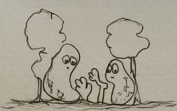 A simple black-and-white drawing of two abstract, blob-like figures with distressed expressions sitting under two trees.