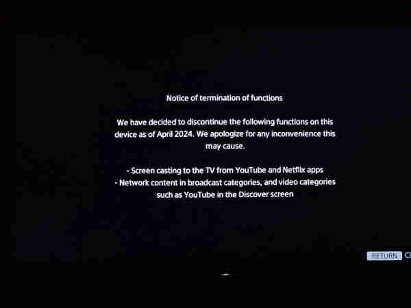 Image of a TV screen with text that reads:

Notice of termination of functions

We have decided to discontinue the following functions on this device as of April 2024. We apologize for any inconvenience this may cause. 

- Screen casting to the TV from YouTube and Netflix apps
- Network content in broadcast categories, and video categories such as YouTube in the Discover screen