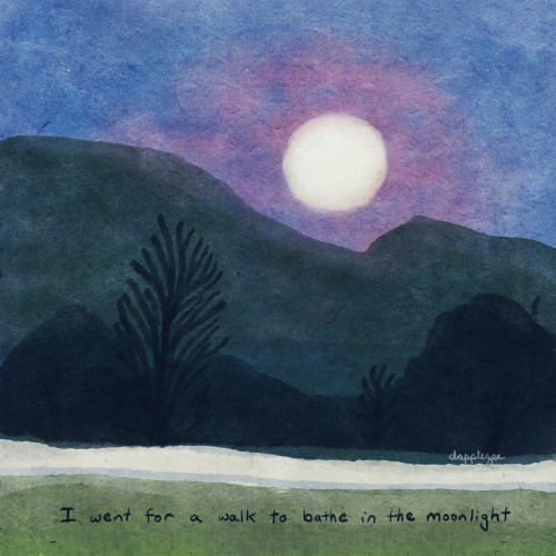 A digital drawing of a twilight scene, with a full moon rising over a horizon of vegetation.  The moon’s light creates a warm pinkish glow against the darkening blue sky.  The post text is written at the bottom of the image. 