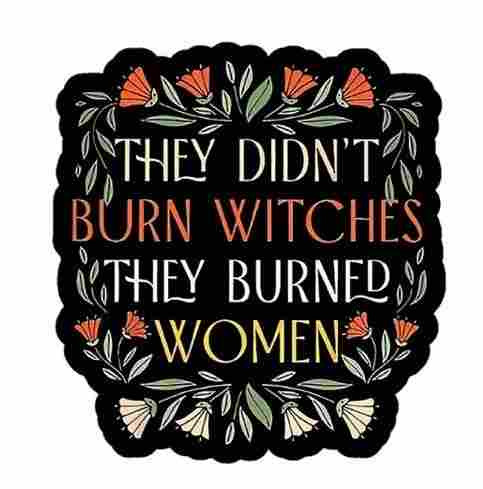 Words on a black background surrounded by flowers, it says “They didn’t burn witches they burned women”