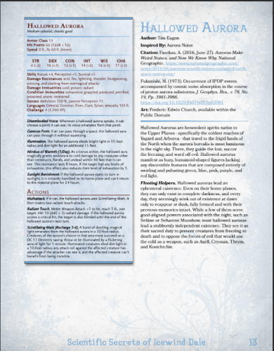 A screenshots containing the statblock and some of the lore for a D&D 5th edition creature called a Hallowed Aurora.