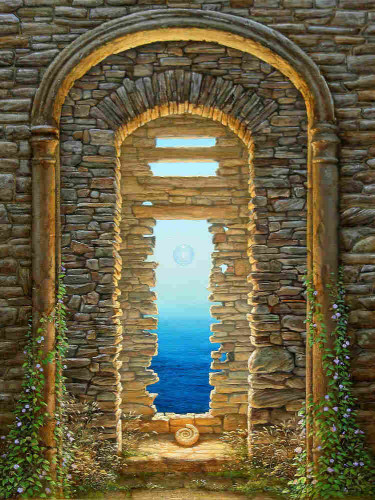 Rippling cobalt sea fades to pale sky as seen through a tall rectangular portal set in the wall of ancient ruins. Rough in outline where blocks are missing—showing through where the fit is uneven—the "window" outward is bathed in golden light and framed by an arched doorway, which is in turn bordered by a simple carved stone arch set in relief. The base is grown over with leafy vines blossoming with pale lavender wildflowers. Beyond the window floats a transparent sphere containing a solitary flame. Set on the stone step leading to the view out, the spiral of an ammonite rests open end up, drawing the viewers eye up to the floating sphere and above where missing blocks show through to pale blue.
