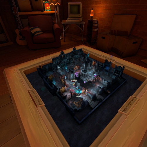A three dimensional game board showing a dungeon like scene is on a large wooden table in a virtual space. 