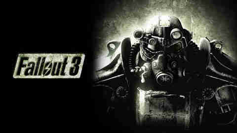 A character in grey power armour staring forward. The logo for "Fallout 3" is on their left.