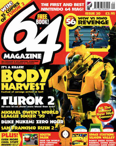 Front cover for 64 Magazine 20 - December 1998 (UK), featuring Body Harvest on Nintendo 64