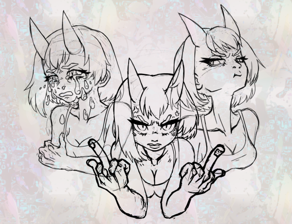 digital sketch of three busts of the same horned character. on the left she is ugly crying, on the right giving a stank face, and in the middle looking agitated while flipping a double bird