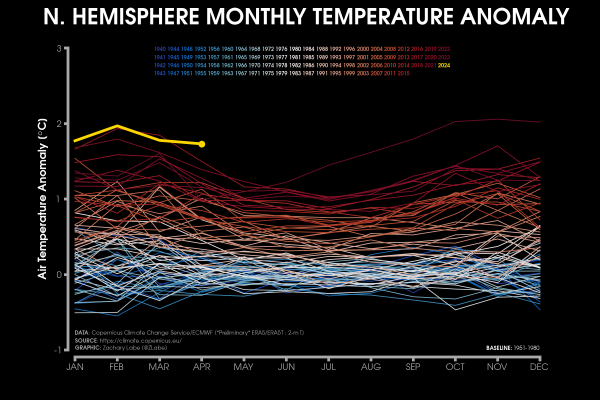 Line graph time series of monthly mean surface temperature anomalies for the Northern Hemisphere region only. Every month is shown from 1940 to April 2024. There is a long-term warming trend in all months of the year.