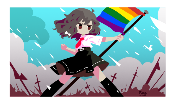 Renko wielding a rainbow flag in hand, fist clenched. Vector drawing by Mary.