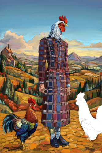 A chicken headed figure in a plaid dress stands near two roosters on a cobblestone path before a sweeping landscape. The chicken on the right is the last thing I need to draw. 
